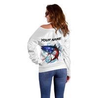 American Flag Tuna Fish Off Shoulder Sweater Custom Splashing Water on White and Black Contrast - Wonder Print Shop