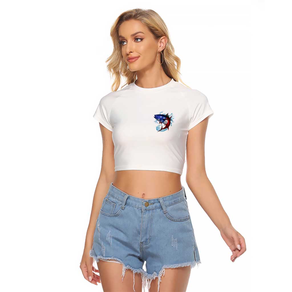 American Flag Tuna Fish Raglan Cropped T Shirt Custom Splashing Water on White and Black Contrast - Wonder Print Shop