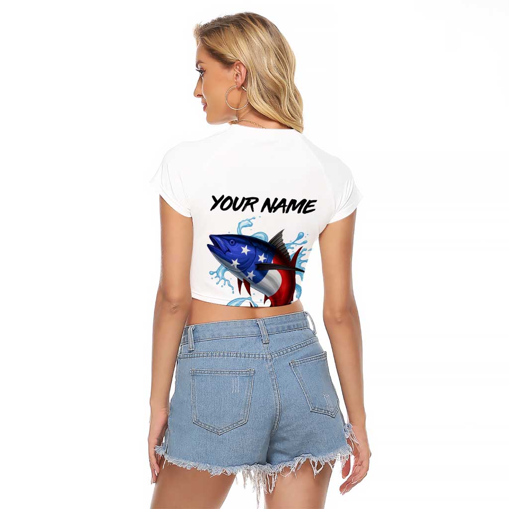 American Flag Tuna Fish Raglan Cropped T Shirt Custom Splashing Water on White and Black Contrast - Wonder Print Shop