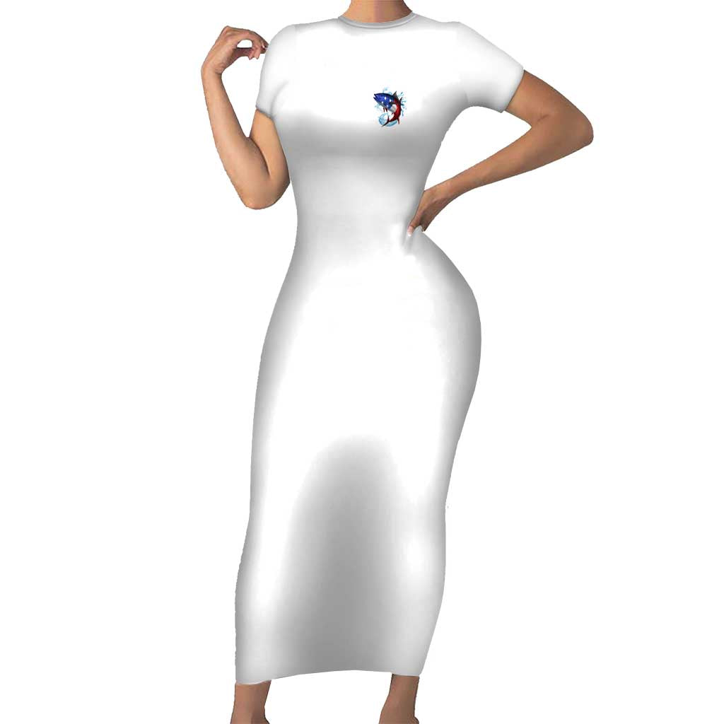 American Flag Tuna Fish Short Sleeve Bodycon Dress Custom Splashing Water on White and Black Contrast - Wonder Print Shop