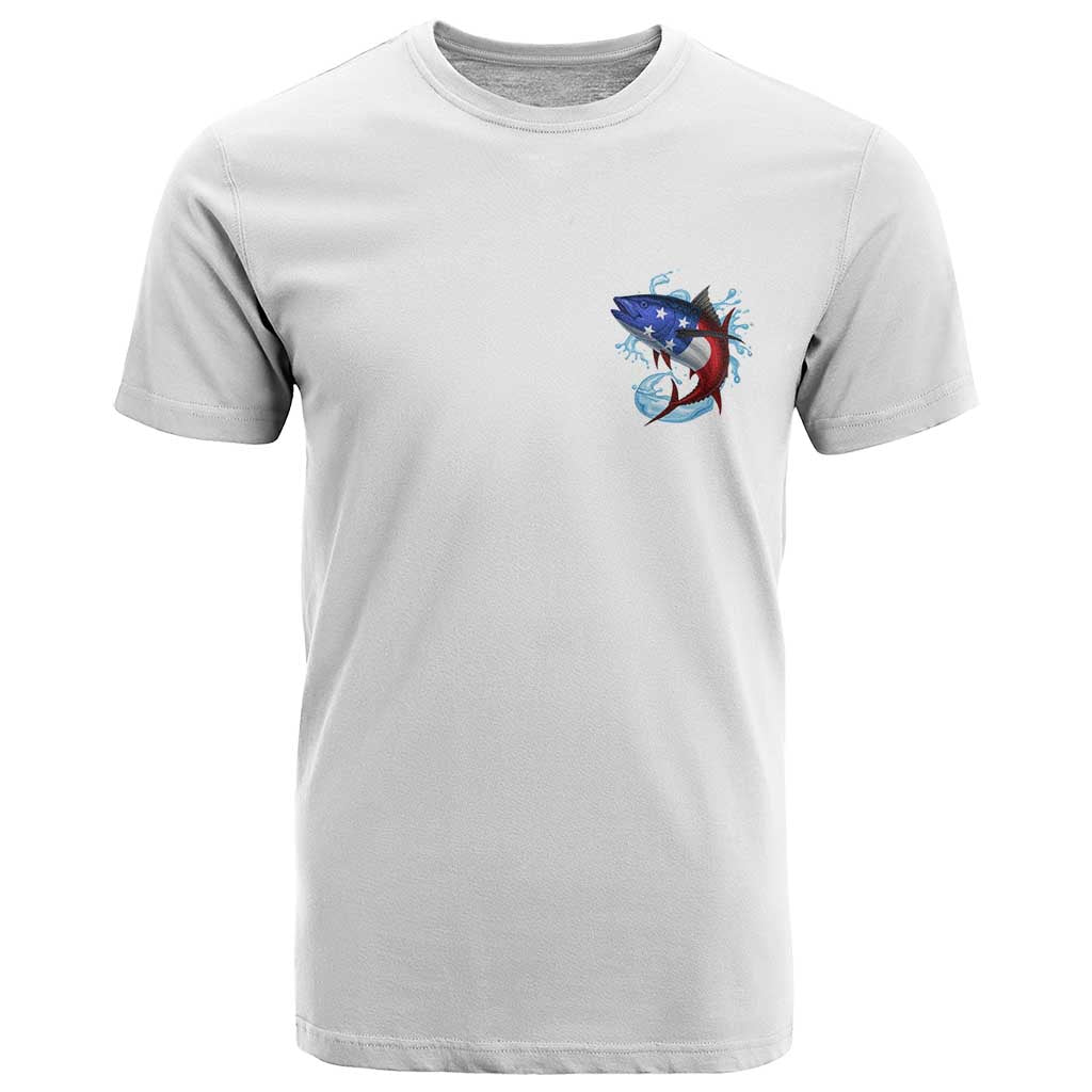American Flag Tuna Fish T Shirt Custom Splashing Water on White and Black Contrast - Wonder Print Shop