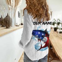 American Flag Tuna Fish Women Casual Shirt Custom Splashing Water on White and Black Contrast - Wonder Print Shop