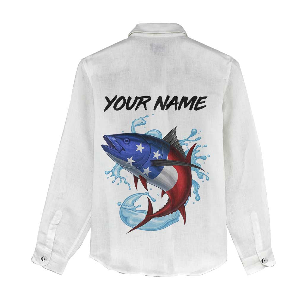 American Flag Tuna Fish Women Casual Shirt Custom Splashing Water on White and Black Contrast - Wonder Print Shop