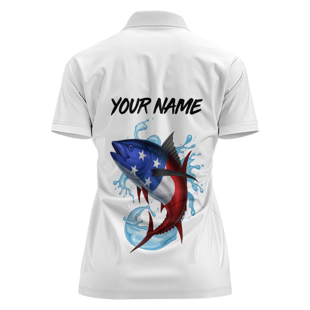 American Flag Tuna Fish Women Polo Shirt Custom Splashing Water on White and Black Contrast - Wonder Print Shop