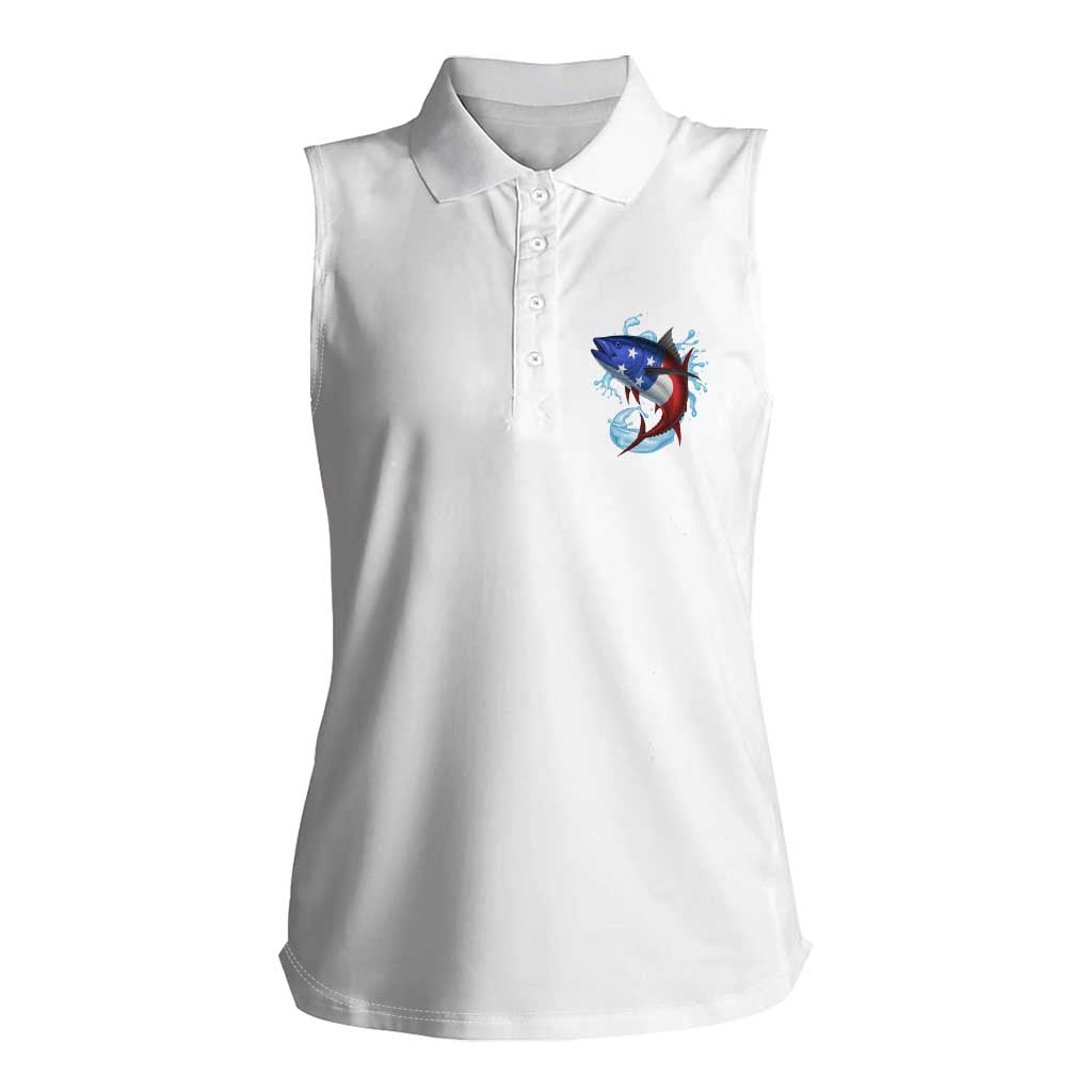American Flag Tuna Fish Women Sleeveless Polo Shirt Custom Splashing Water on White and Black Contrast - Wonder Print Shop