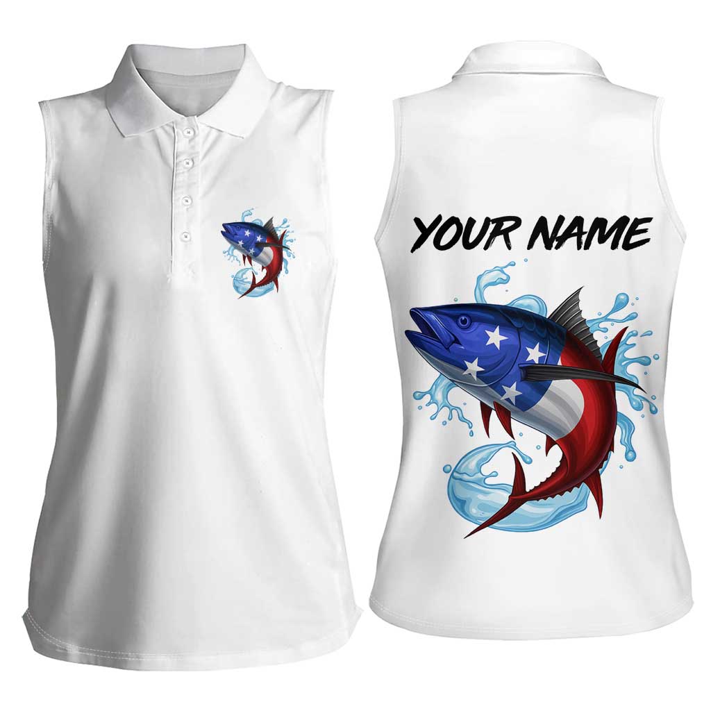 American Flag Tuna Fish Women Sleeveless Polo Shirt Custom Splashing Water on White and Black Contrast - Wonder Print Shop