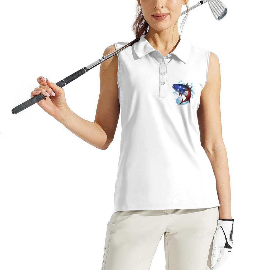 American Flag Tuna Fish Women Sleeveless Polo Shirt Custom Splashing Water on White and Black Contrast - Wonder Print Shop
