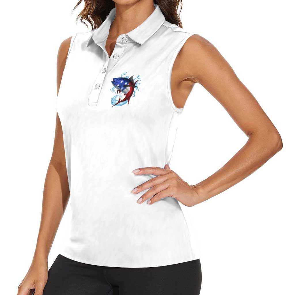 American Flag Tuna Fish Women Sleeveless Polo Shirt Custom Splashing Water on White and Black Contrast - Wonder Print Shop