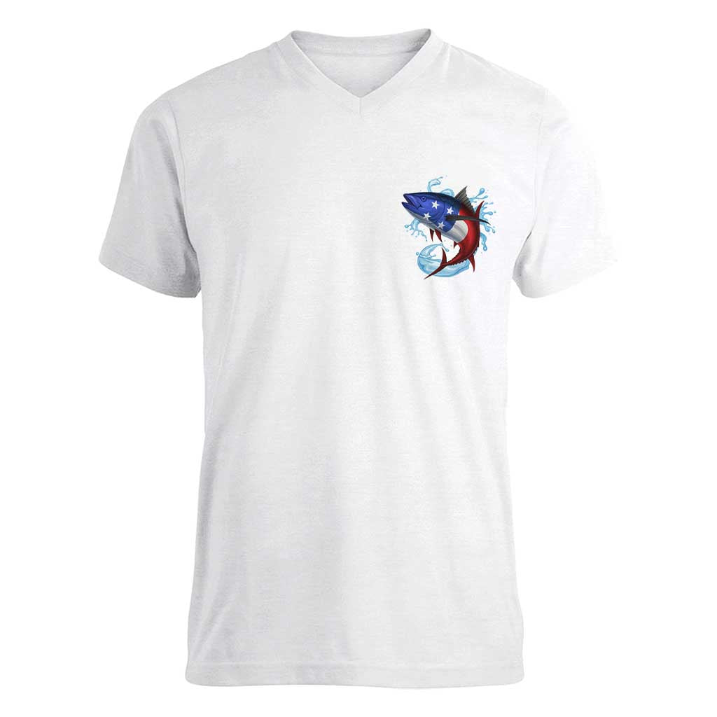American Flag Tuna Fish Women V-Neck T-Shirt Custom Splashing Water on White and Black Contrast - Wonder Print Shop