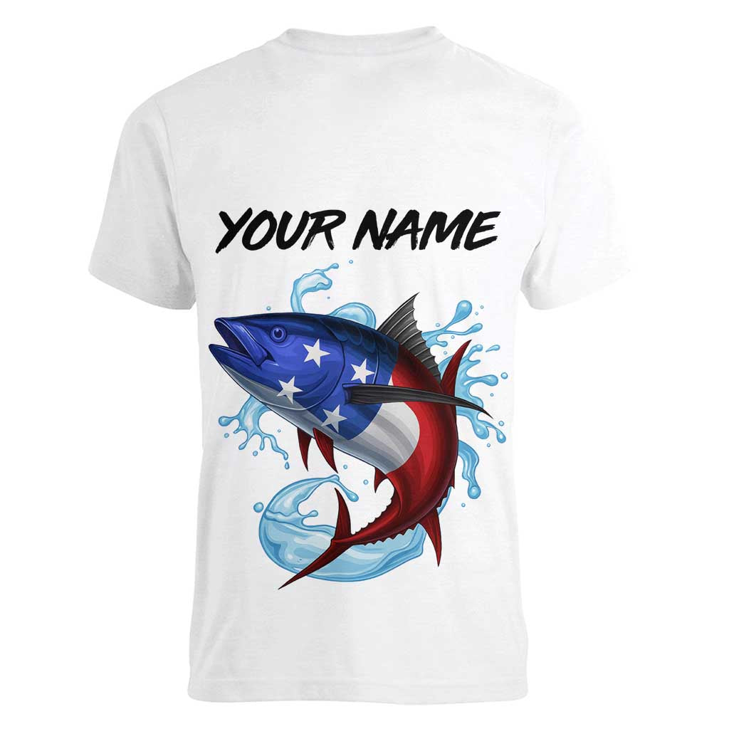 American Flag Tuna Fish Women V-Neck T-Shirt Custom Splashing Water on White and Black Contrast - Wonder Print Shop