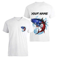 American Flag Tuna Fish Women V-Neck T-Shirt Custom Splashing Water on White and Black Contrast - Wonder Print Shop
