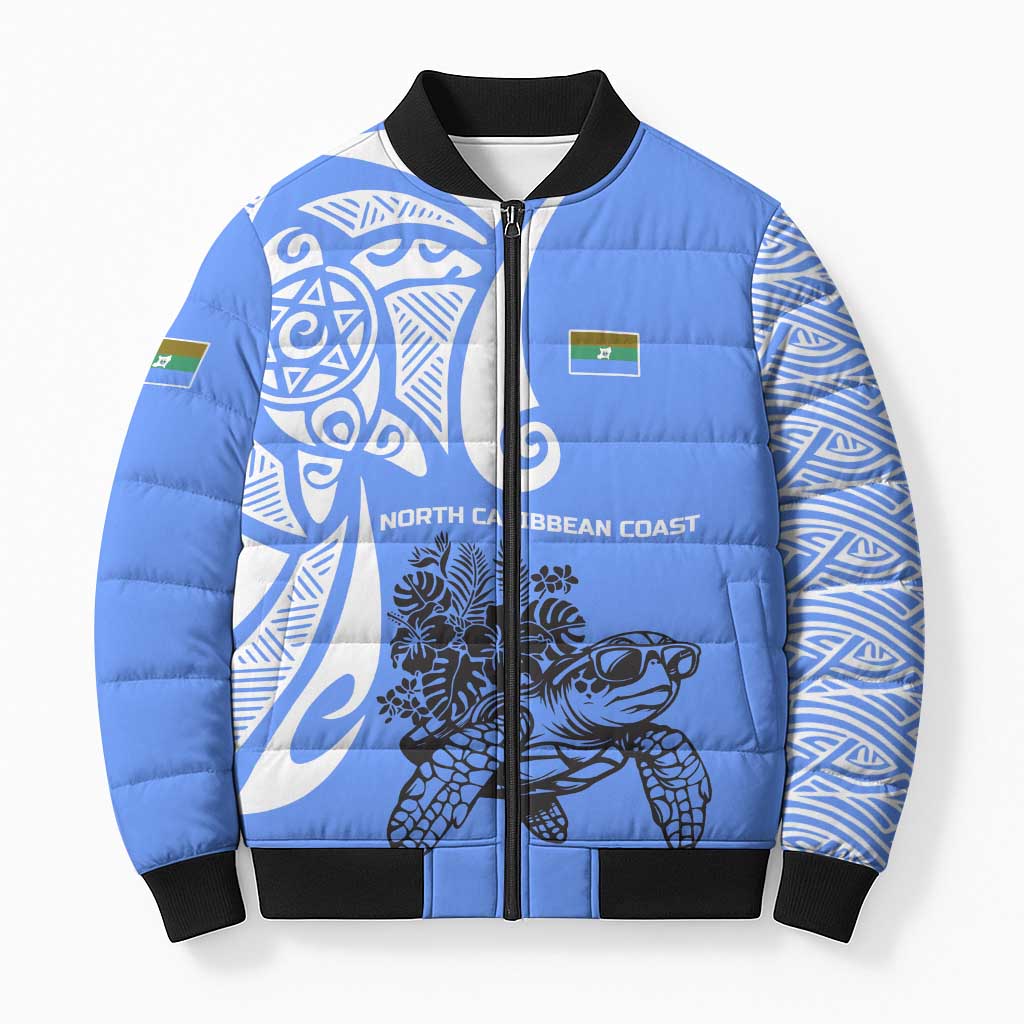 North Caribbean Coast Nicaragua Bomber Puffer Jacket with Tribal Turtle Design and Floral Coast Pride - Wonder Print Shop