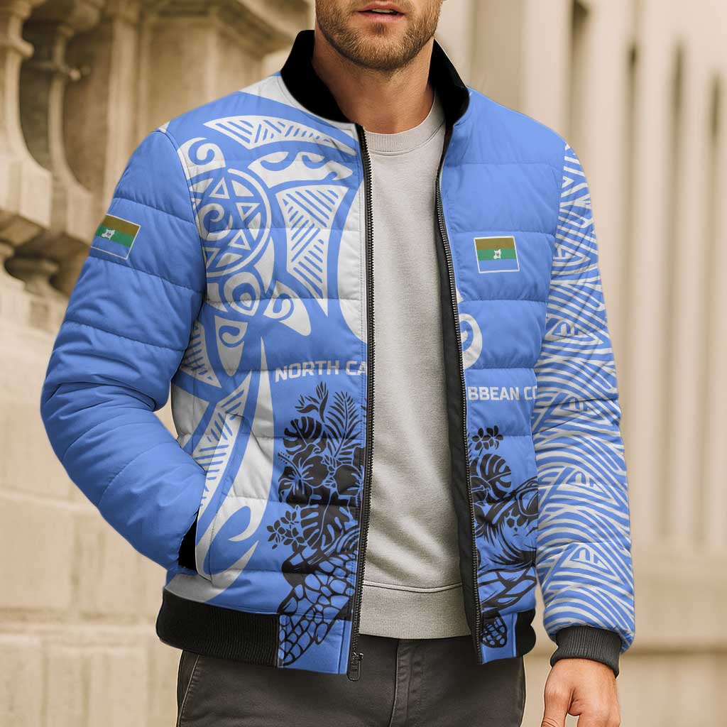 North Caribbean Coast Nicaragua Bomber Puffer Jacket with Tribal Turtle Design and Floral Coast Pride - Wonder Print Shop