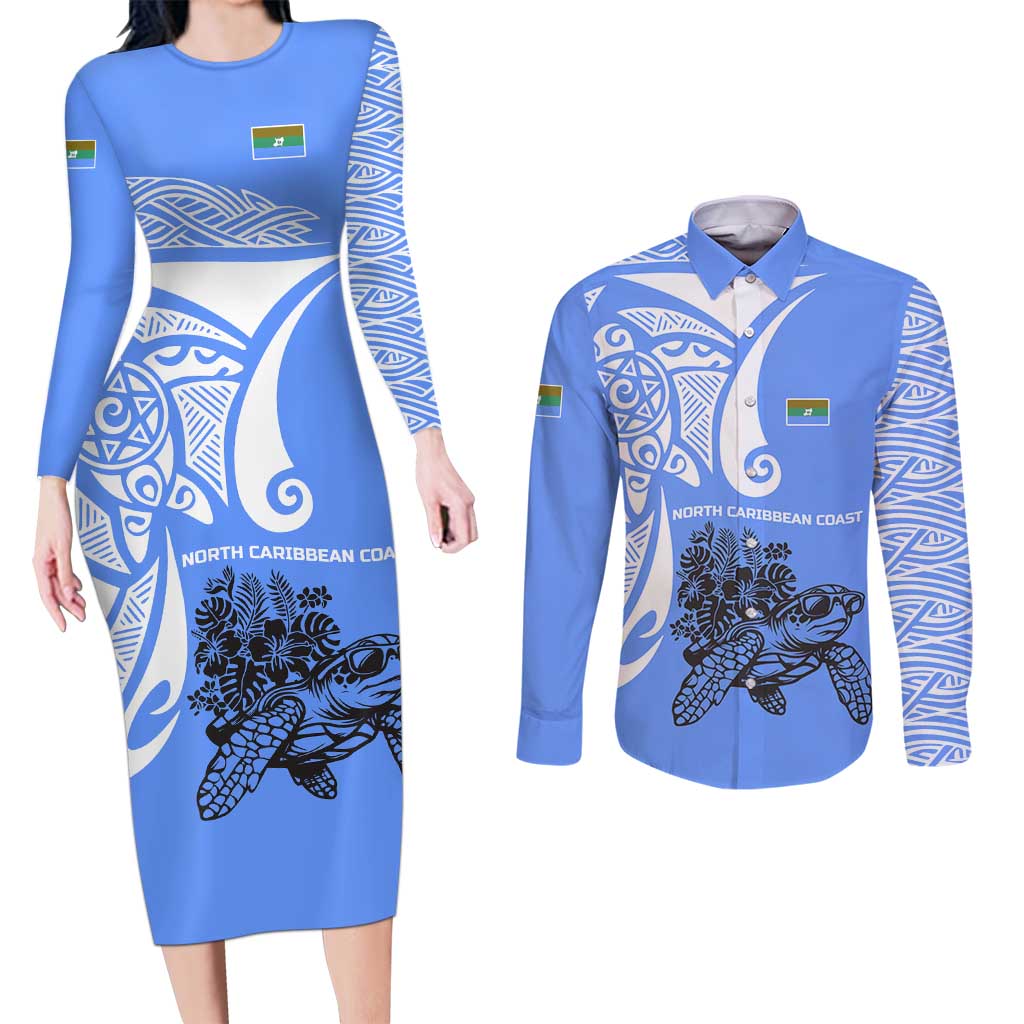 North Caribbean Coast Nicaragua Couples Matching Long Sleeve Bodycon Dress and Long Sleeve Button Shirt with Tribal Turtle Design and Floral Coast Pride - Wonder Print Shop