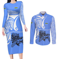 North Caribbean Coast Nicaragua Couples Matching Long Sleeve Bodycon Dress and Long Sleeve Button Shirt with Tribal Turtle Design and Floral Coast Pride - Wonder Print Shop