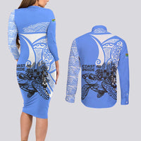 North Caribbean Coast Nicaragua Couples Matching Long Sleeve Bodycon Dress and Long Sleeve Button Shirt with Tribal Turtle Design and Floral Coast Pride - Wonder Print Shop