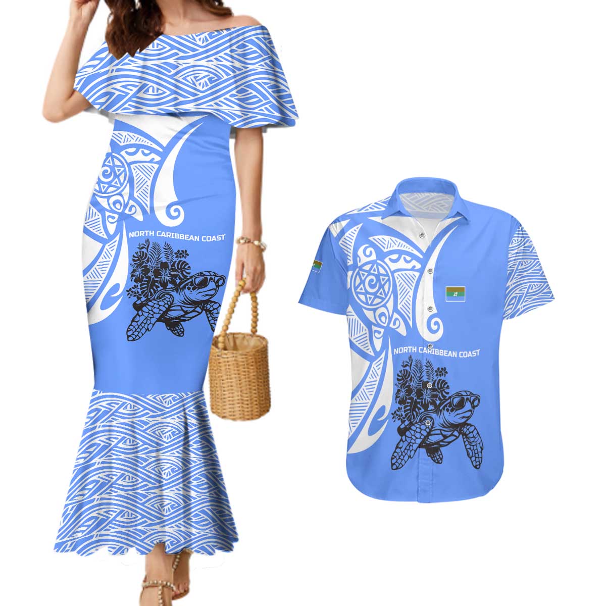 North Caribbean Coast Nicaragua Couples Matching Mermaid Dress and Hawaiian Shirt with Tribal Turtle Design and Floral Coast Pride - Wonder Print Shop