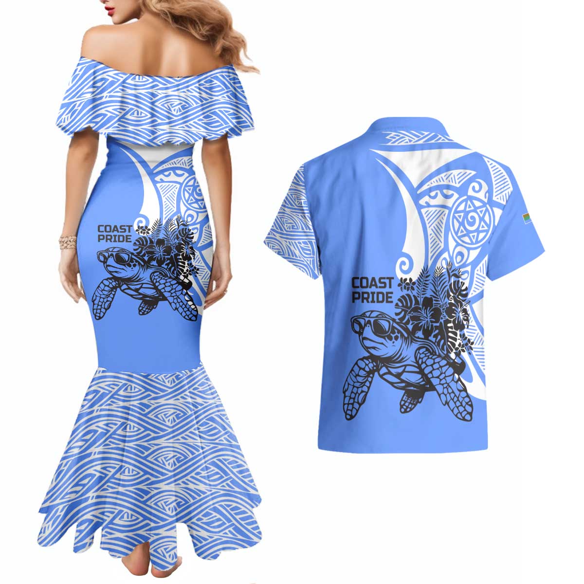 North Caribbean Coast Nicaragua Couples Matching Mermaid Dress and Hawaiian Shirt with Tribal Turtle Design and Floral Coast Pride - Wonder Print Shop