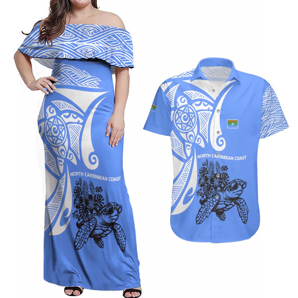 North Caribbean Coast Nicaragua Couples Matching Off Shoulder Maxi Dress and Hawaiian Shirt with Tribal Turtle Design and Floral Coast Pride - Wonder Print Shop