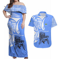 North Caribbean Coast Nicaragua Couples Matching Off Shoulder Maxi Dress and Hawaiian Shirt with Tribal Turtle Design and Floral Coast Pride - Wonder Print Shop