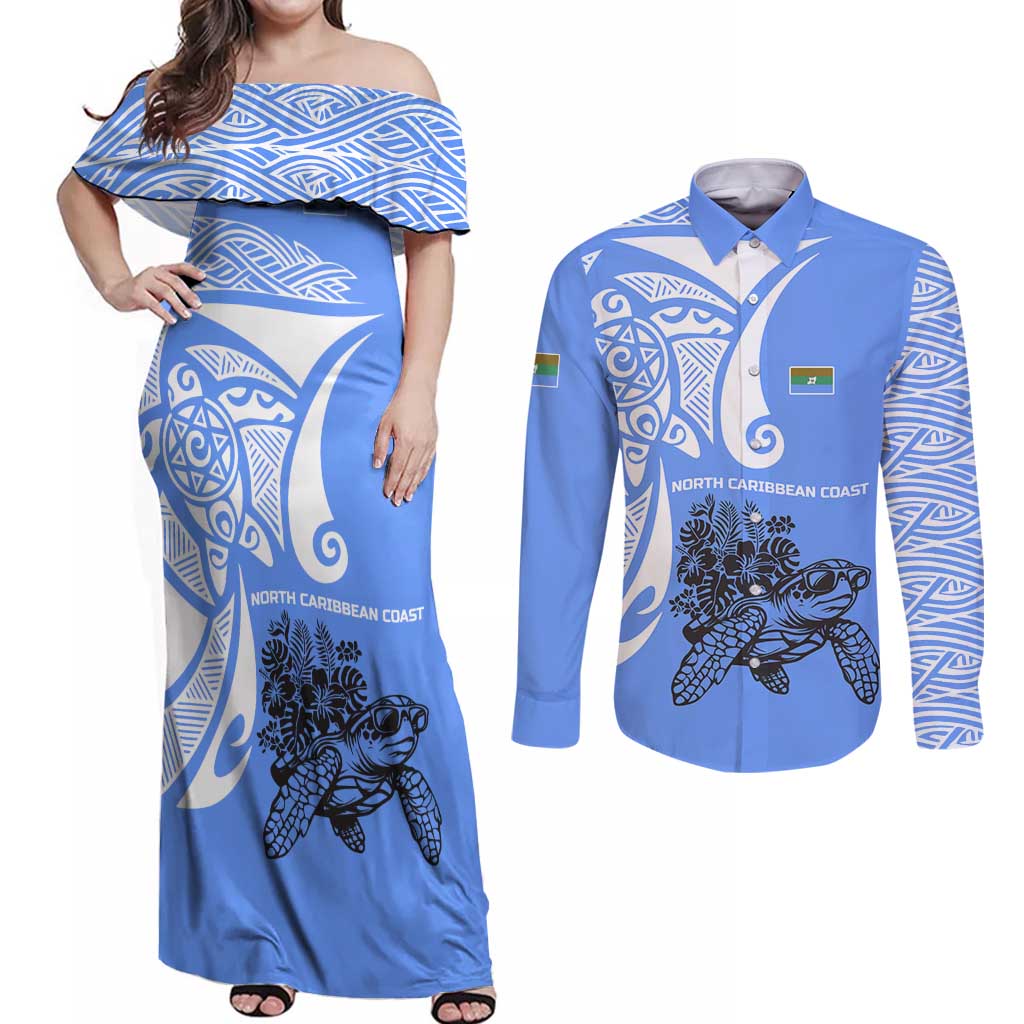 North Caribbean Coast Nicaragua Couples Matching Off Shoulder Maxi Dress and Long Sleeve Button Shirt with Tribal Turtle Design and Floral Coast Pride - Wonder Print Shop
