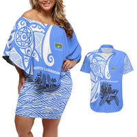 North Caribbean Coast Nicaragua Couples Matching Off Shoulder Short Dress and Hawaiian Shirt with Tribal Turtle Design and Floral Coast Pride - Wonder Print Shop