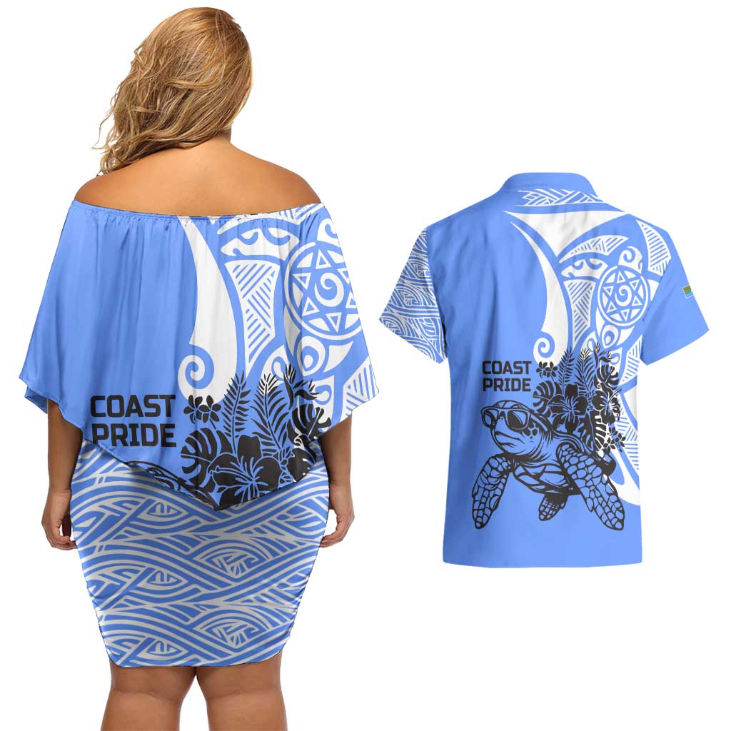 North Caribbean Coast Nicaragua Couples Matching Off Shoulder Short Dress and Hawaiian Shirt with Tribal Turtle Design and Floral Coast Pride - Wonder Print Shop
