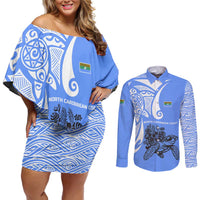 North Caribbean Coast Nicaragua Couples Matching Off Shoulder Short Dress and Long Sleeve Button Shirt with Tribal Turtle Design and Floral Coast Pride - Wonder Print Shop