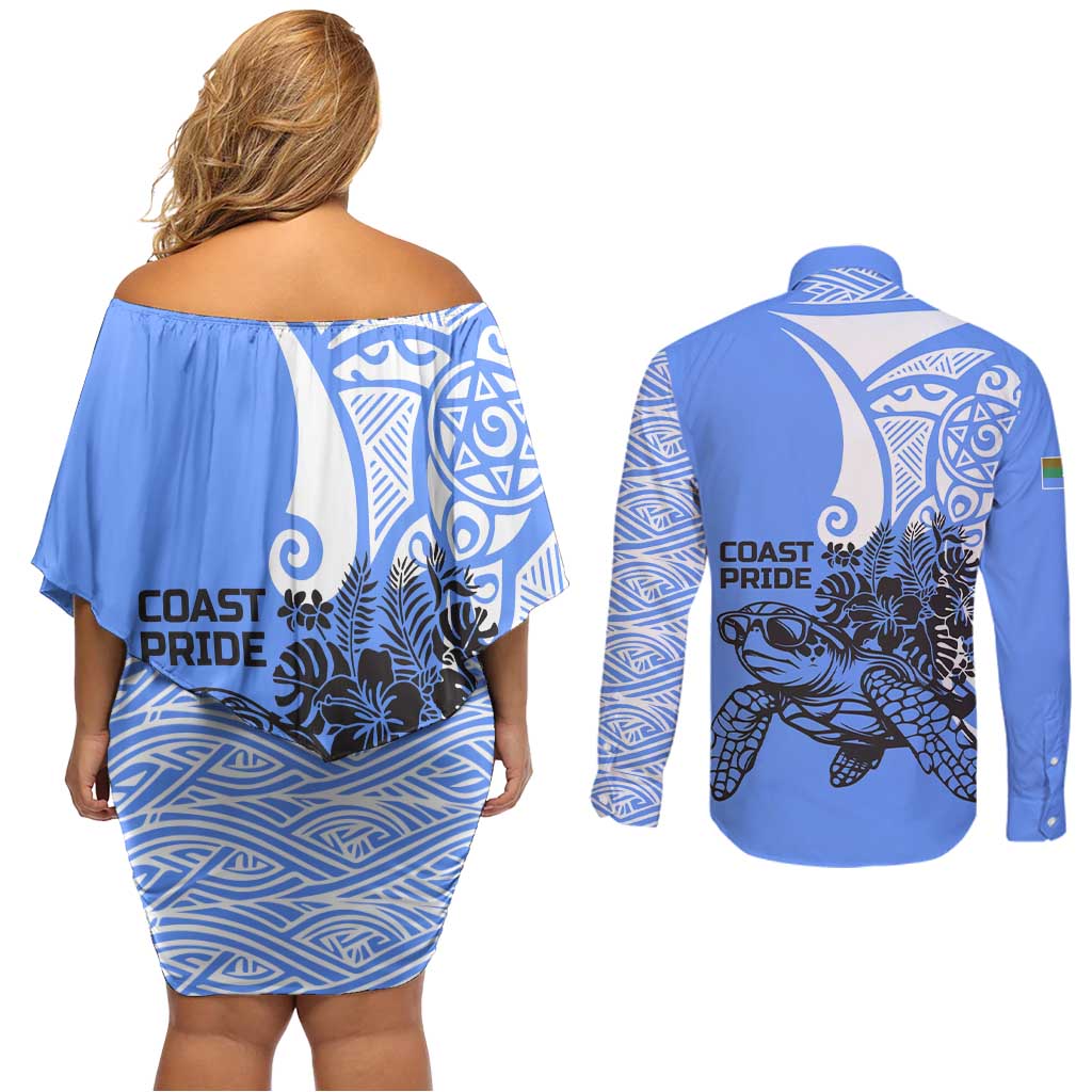 North Caribbean Coast Nicaragua Couples Matching Off Shoulder Short Dress and Long Sleeve Button Shirt with Tribal Turtle Design and Floral Coast Pride - Wonder Print Shop
