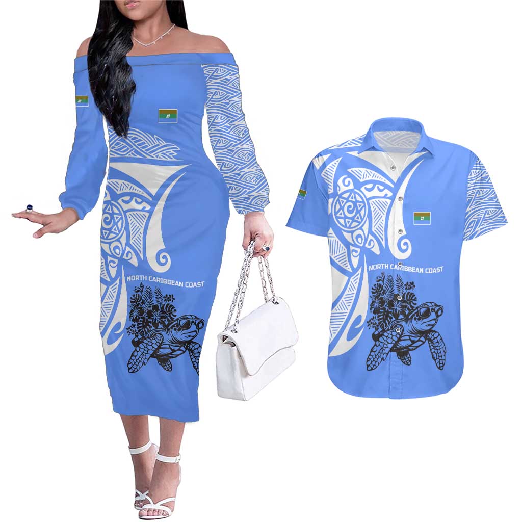 North Caribbean Coast Nicaragua Couples Matching Off The Shoulder Long Sleeve Dress and Hawaiian Shirt with Tribal Turtle Design and Floral Coast Pride - Wonder Print Shop
