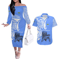 North Caribbean Coast Nicaragua Couples Matching Off The Shoulder Long Sleeve Dress and Hawaiian Shirt with Tribal Turtle Design and Floral Coast Pride - Wonder Print Shop