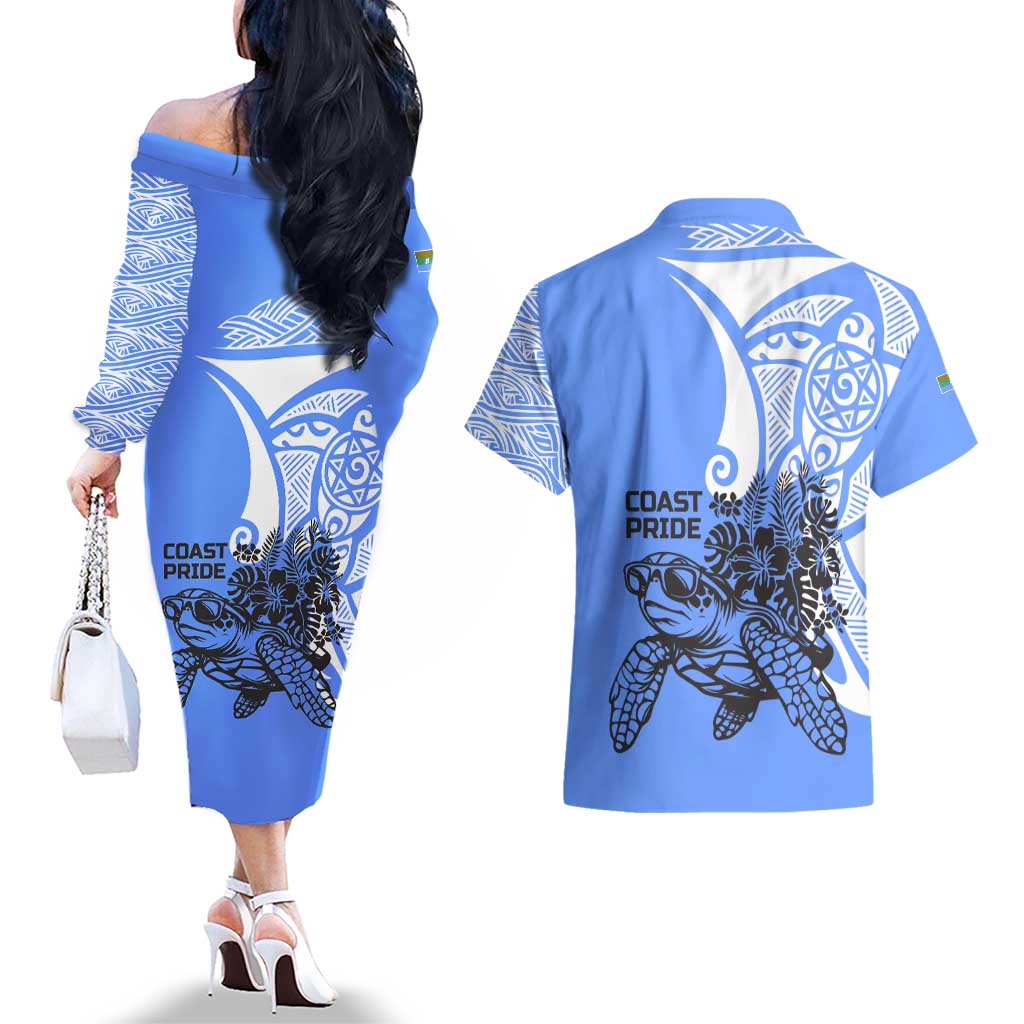 North Caribbean Coast Nicaragua Couples Matching Off The Shoulder Long Sleeve Dress and Hawaiian Shirt with Tribal Turtle Design and Floral Coast Pride - Wonder Print Shop
