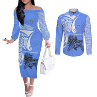 North Caribbean Coast Nicaragua Couples Matching Off The Shoulder Long Sleeve Dress and Long Sleeve Button Shirt with Tribal Turtle Design and Floral Coast Pride - Wonder Print Shop