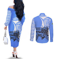 North Caribbean Coast Nicaragua Couples Matching Off The Shoulder Long Sleeve Dress and Long Sleeve Button Shirt with Tribal Turtle Design and Floral Coast Pride - Wonder Print Shop