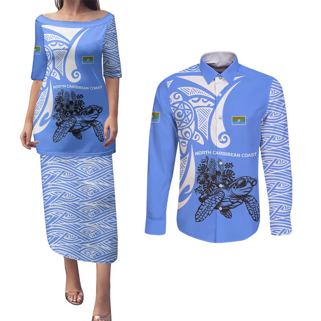 North Caribbean Coast Nicaragua Couples Matching Puletasi and Long Sleeve Button Shirt with Tribal Turtle Design and Floral Coast Pride - Wonder Print Shop
