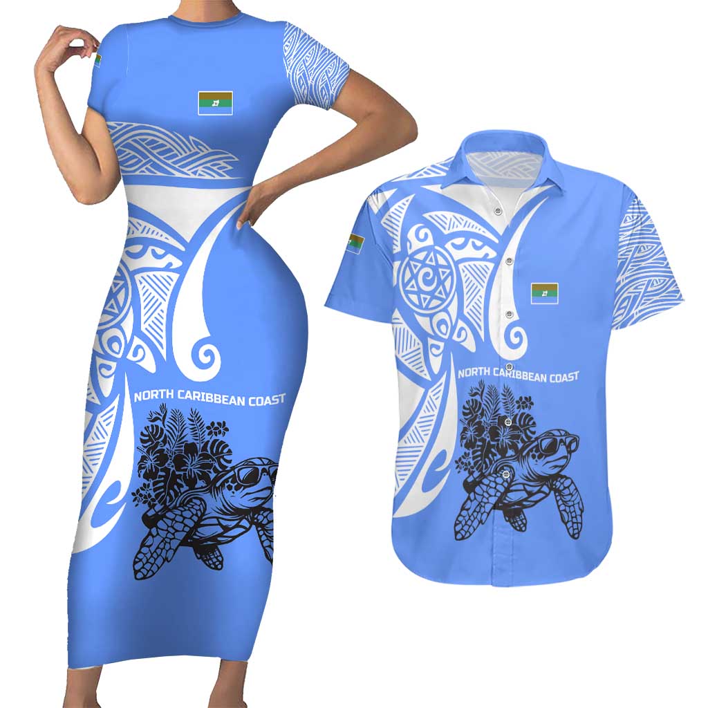 North Caribbean Coast Nicaragua Couples Matching Short Sleeve Bodycon Dress and Hawaiian Shirt with Tribal Turtle Design and Floral Coast Pride - Wonder Print Shop