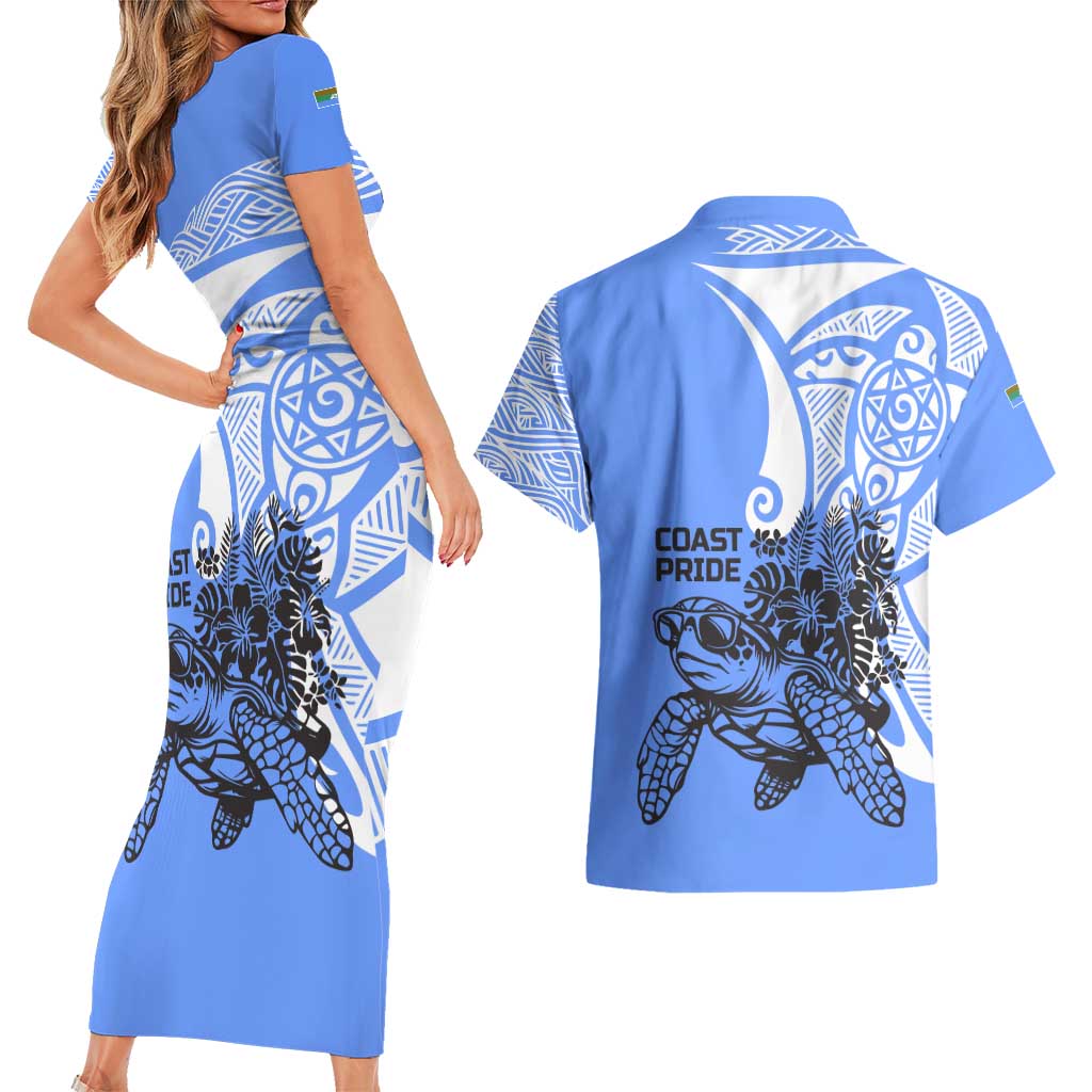 North Caribbean Coast Nicaragua Couples Matching Short Sleeve Bodycon Dress and Hawaiian Shirt with Tribal Turtle Design and Floral Coast Pride - Wonder Print Shop