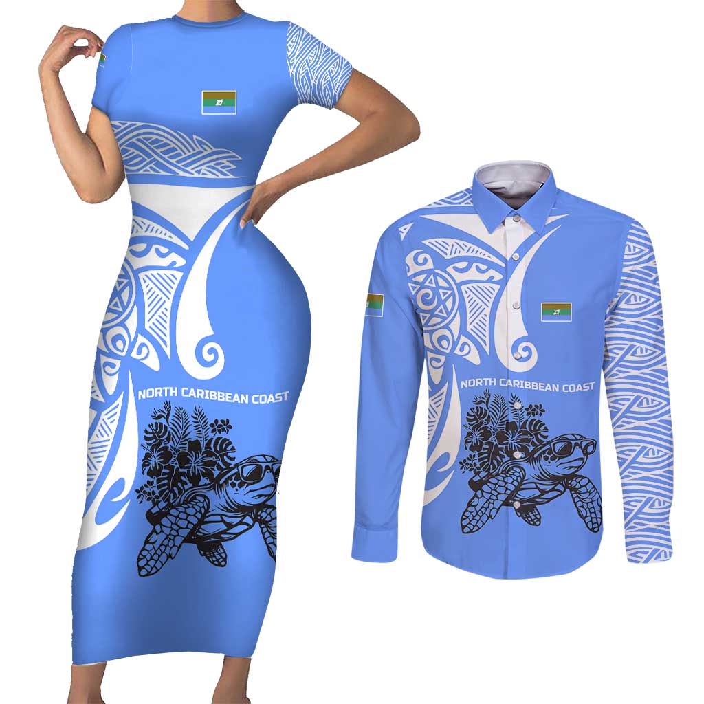 North Caribbean Coast Nicaragua Couples Matching Short Sleeve Bodycon Dress and Long Sleeve Button Shirt with Tribal Turtle Design and Floral Coast Pride - Wonder Print Shop