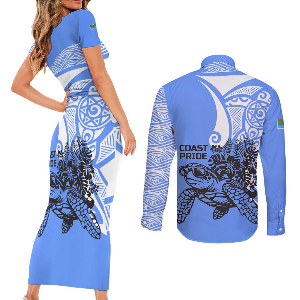 North Caribbean Coast Nicaragua Couples Matching Short Sleeve Bodycon Dress and Long Sleeve Button Shirt with Tribal Turtle Design and Floral Coast Pride - Wonder Print Shop