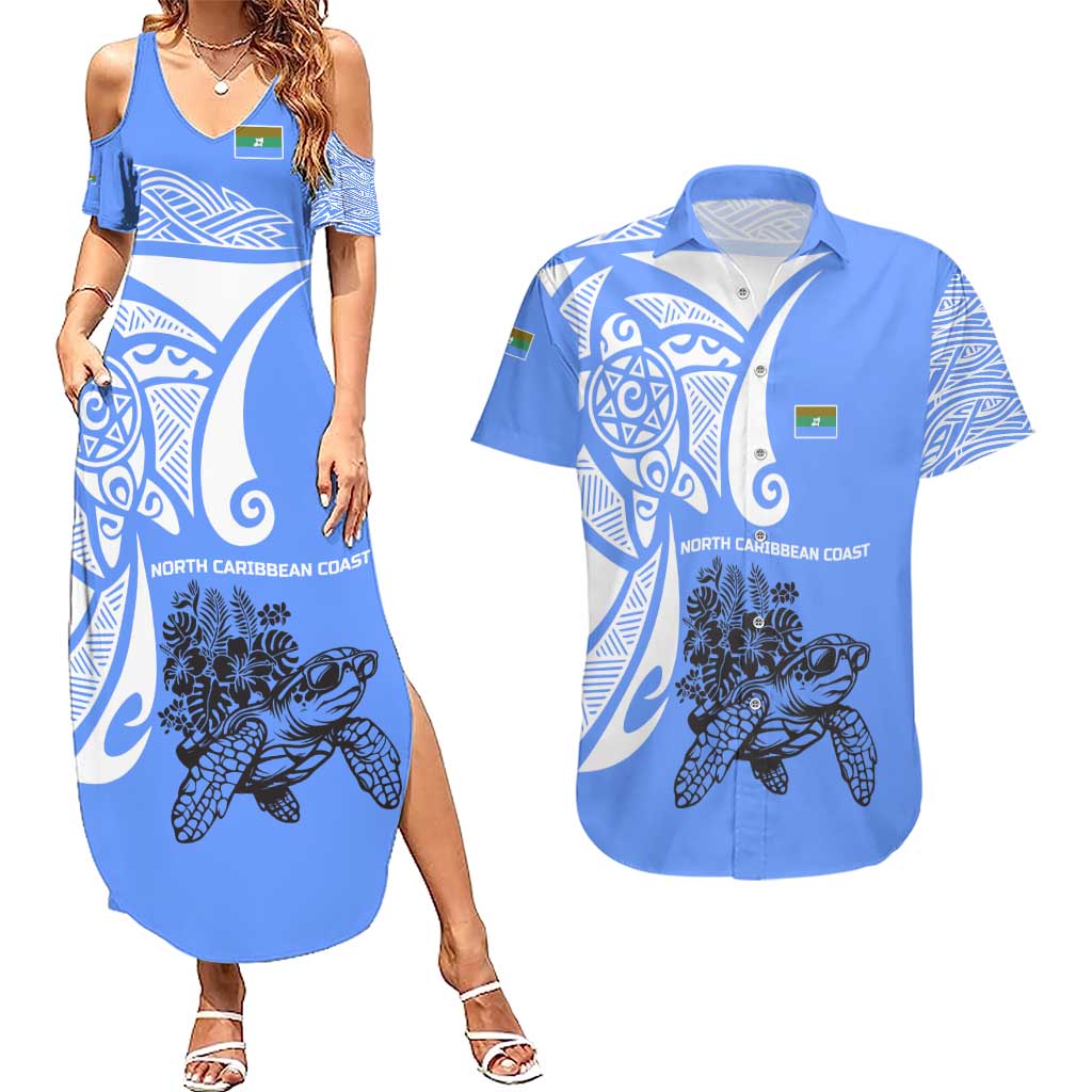 North Caribbean Coast Nicaragua Couples Matching Summer Maxi Dress and Hawaiian Shirt with Tribal Turtle Design and Floral Coast Pride - Wonder Print Shop
