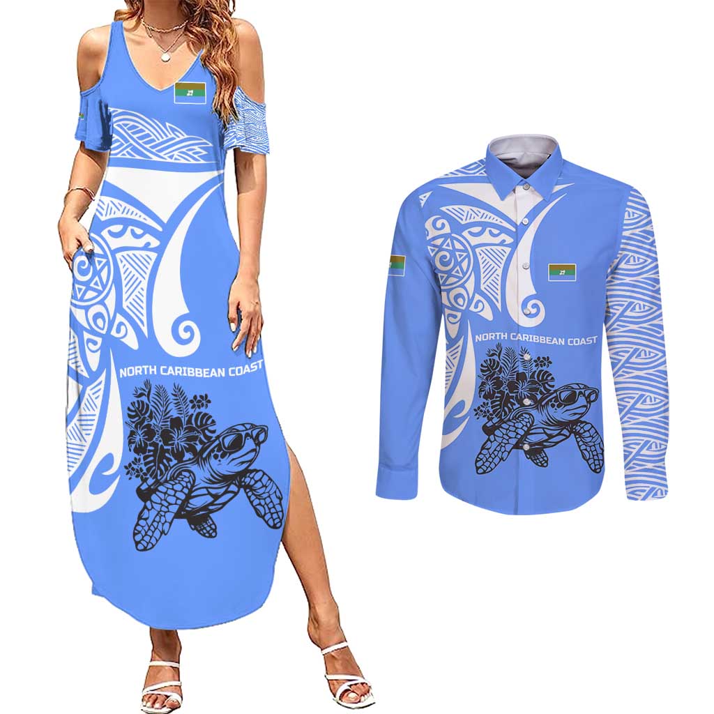 North Caribbean Coast Nicaragua Couples Matching Summer Maxi Dress and Long Sleeve Button Shirt with Tribal Turtle Design and Floral Coast Pride - Wonder Print Shop