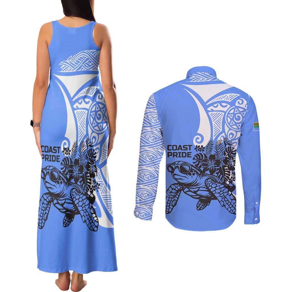 North Caribbean Coast Nicaragua Couples Matching Tank Maxi Dress and Long Sleeve Button Shirt with Tribal Turtle Design and Floral Coast Pride - Wonder Print Shop