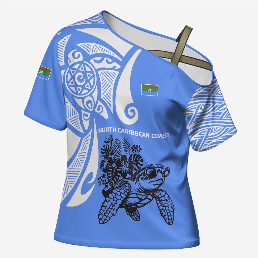 North Caribbean Coast Nicaragua Cross Shoulder Shirt with Tribal Turtle Design and Floral Coast Pride - Wonder Print Shop