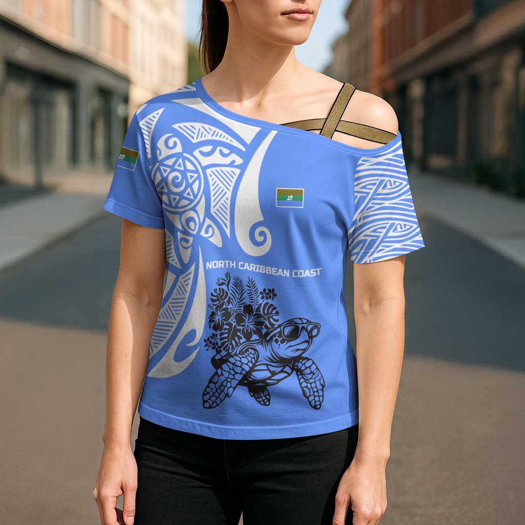 North Caribbean Coast Nicaragua Cross Shoulder Shirt with Tribal Turtle Design and Floral Coast Pride - Wonder Print Shop