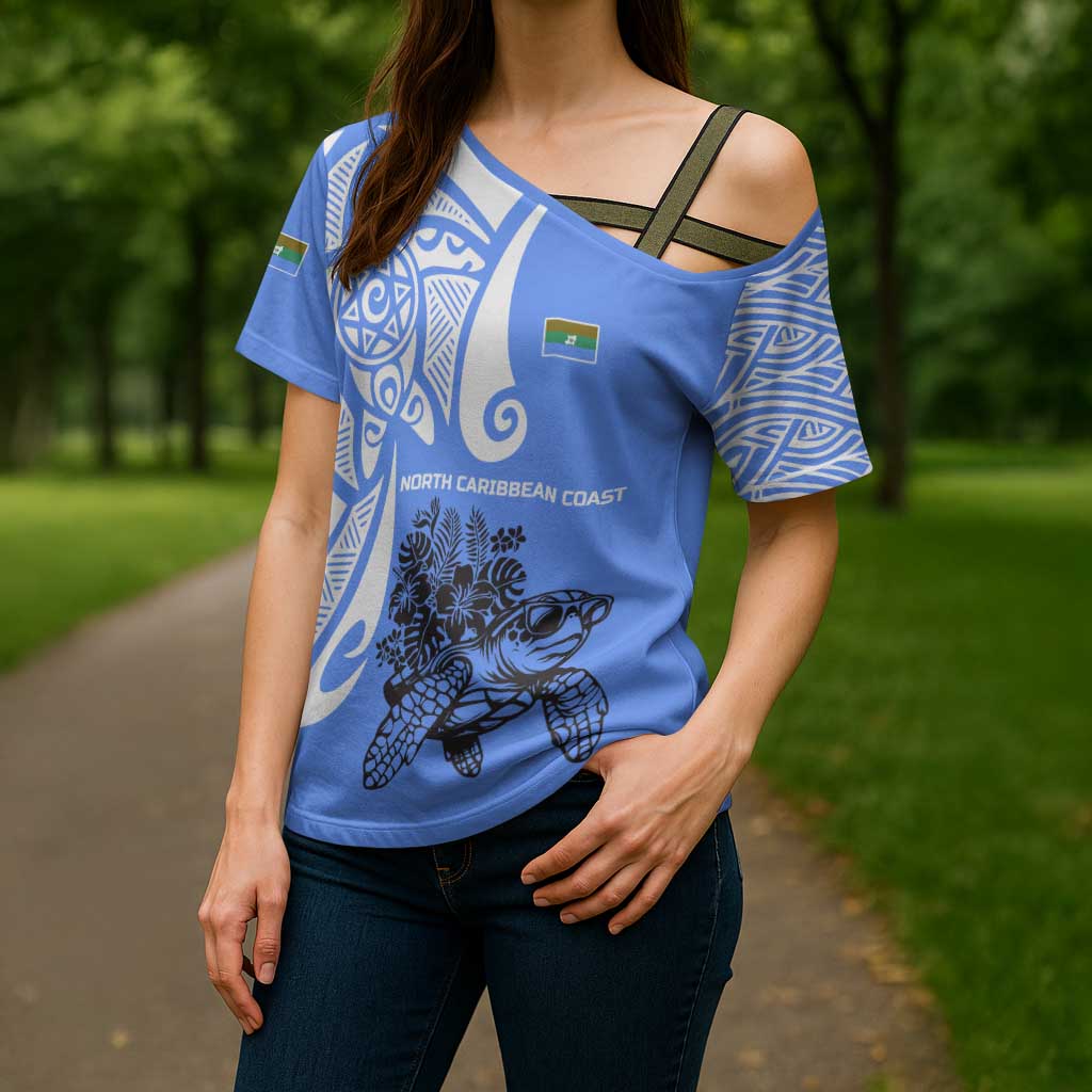 North Caribbean Coast Nicaragua Cross Shoulder Shirt with Tribal Turtle Design and Floral Coast Pride - Wonder Print Shop