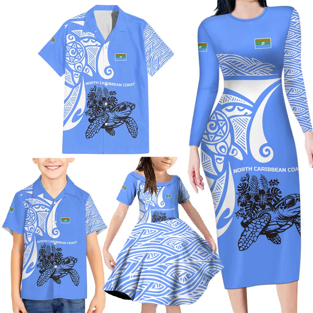 North Caribbean Coast Nicaragua Family Matching Long Sleeve Bodycon Dress and Hawaiian Shirt with Tribal Turtle Design and Floral Coast Pride - Wonder Print Shop