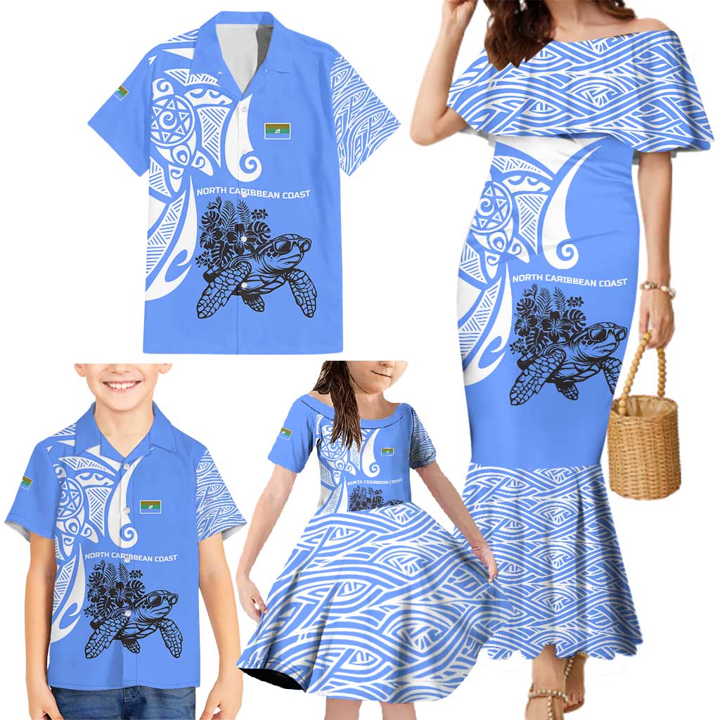 North Caribbean Coast Nicaragua Family Matching Mermaid Dress and Hawaiian Shirt with Tribal Turtle Design and Floral Coast Pride - Wonder Print Shop