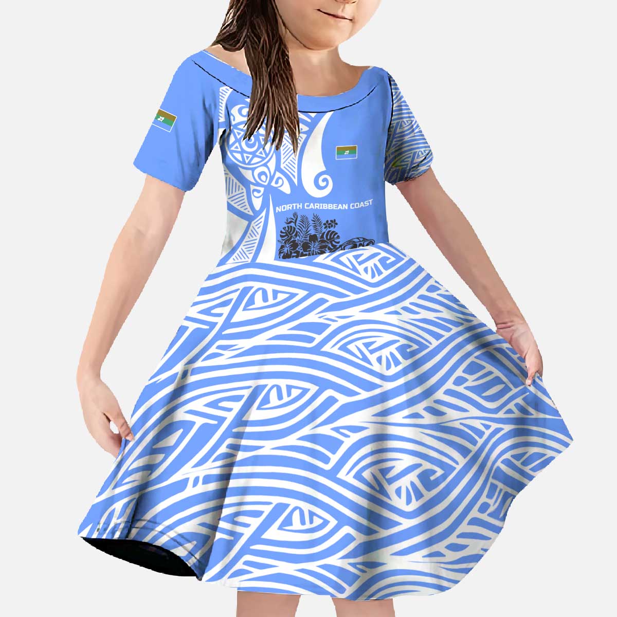 North Caribbean Coast Nicaragua Family Matching Off The Shoulder Long Sleeve Dress and Hawaiian Shirt with Tribal Turtle Design and Floral Coast Pride - Wonder Print Shop