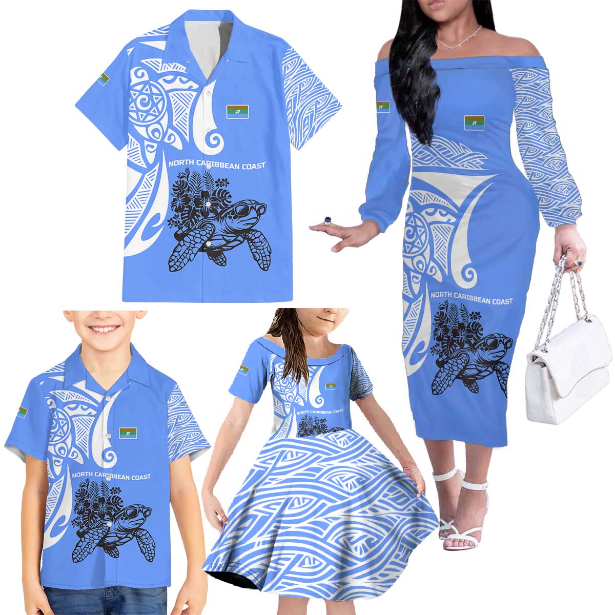 North Caribbean Coast Nicaragua Family Matching Off The Shoulder Long Sleeve Dress and Hawaiian Shirt with Tribal Turtle Design and Floral Coast Pride - Wonder Print Shop