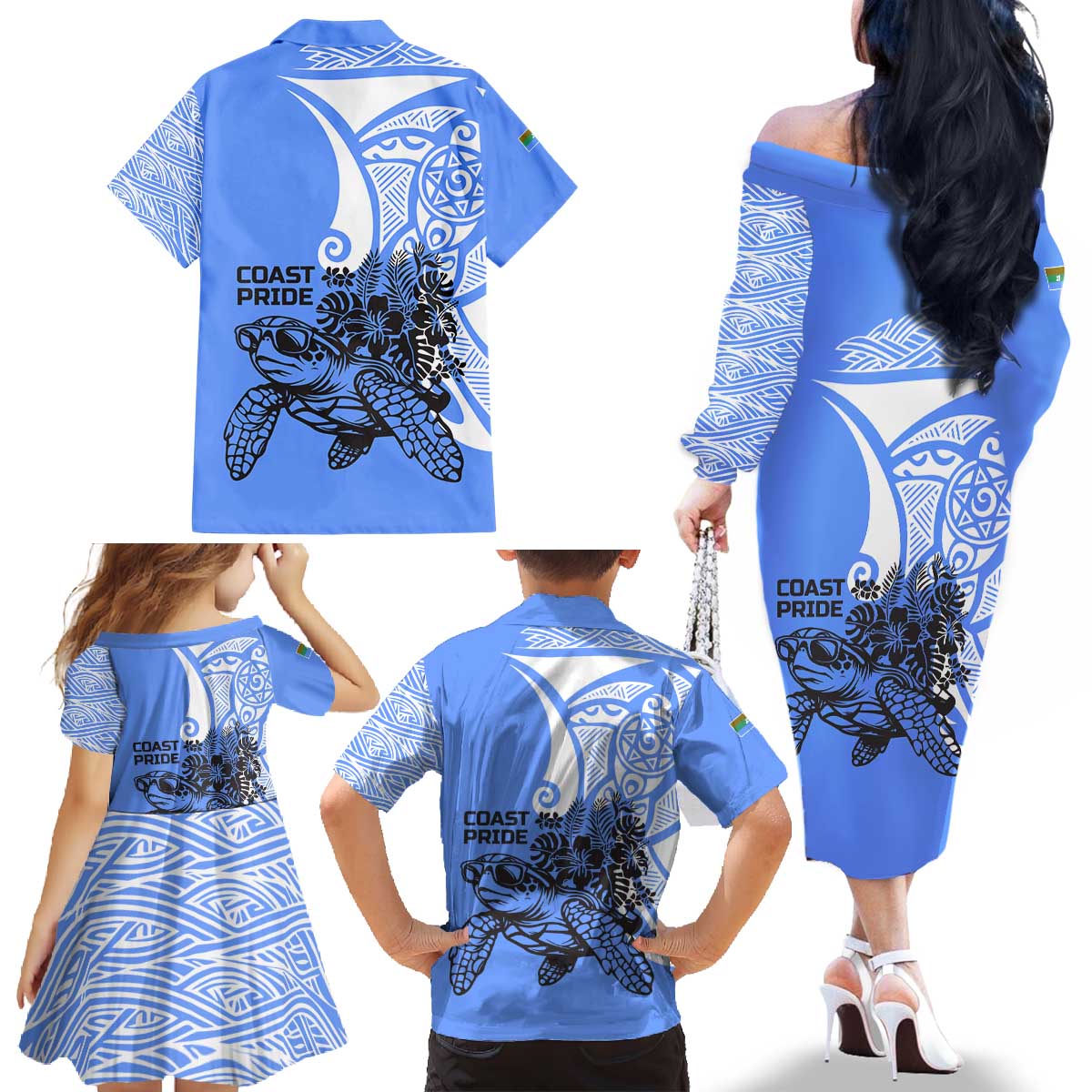 North Caribbean Coast Nicaragua Family Matching Off The Shoulder Long Sleeve Dress and Hawaiian Shirt with Tribal Turtle Design and Floral Coast Pride - Wonder Print Shop